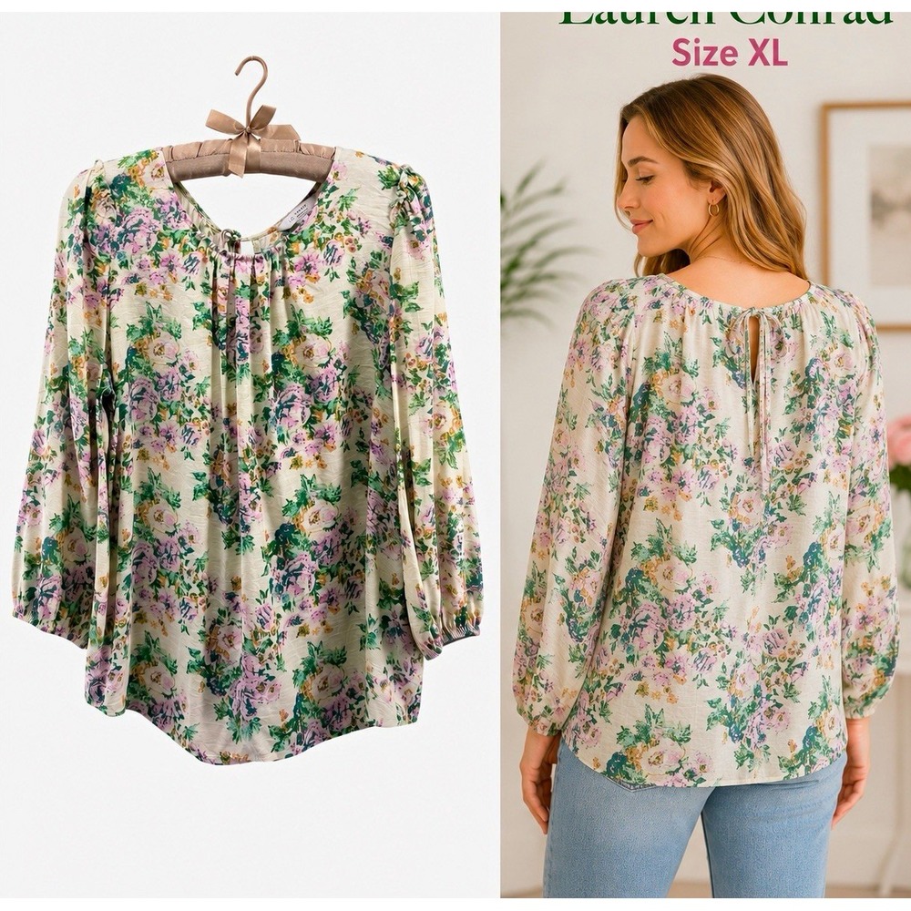LC Lauren Conrad Women's XL Floral Blouse Peasant Top Puff Sleeve Cottagecore